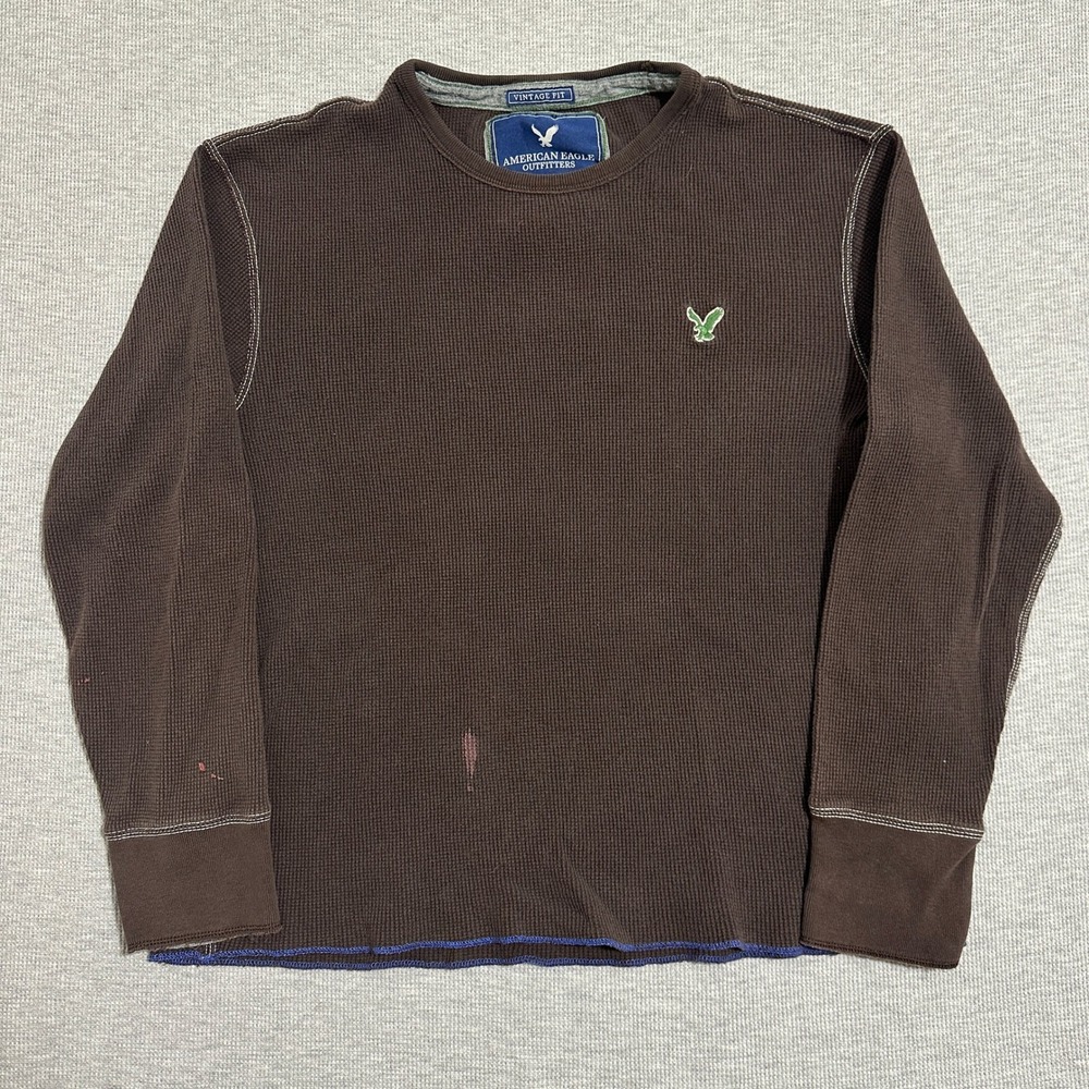 American Eagle Waffle Knit Thermal Long Sleeve Shirt Brown Contrast Stitch XL